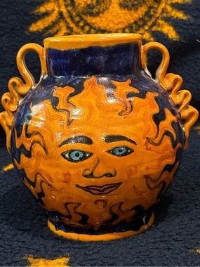 VTG 90s Celestial Sun Artisan Pottery Vase Jar Whimsigoth Cobalt Blue Decor OOAK